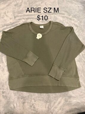 aerie Olive Green Waffle-Knit Crewneck Sweatshirt